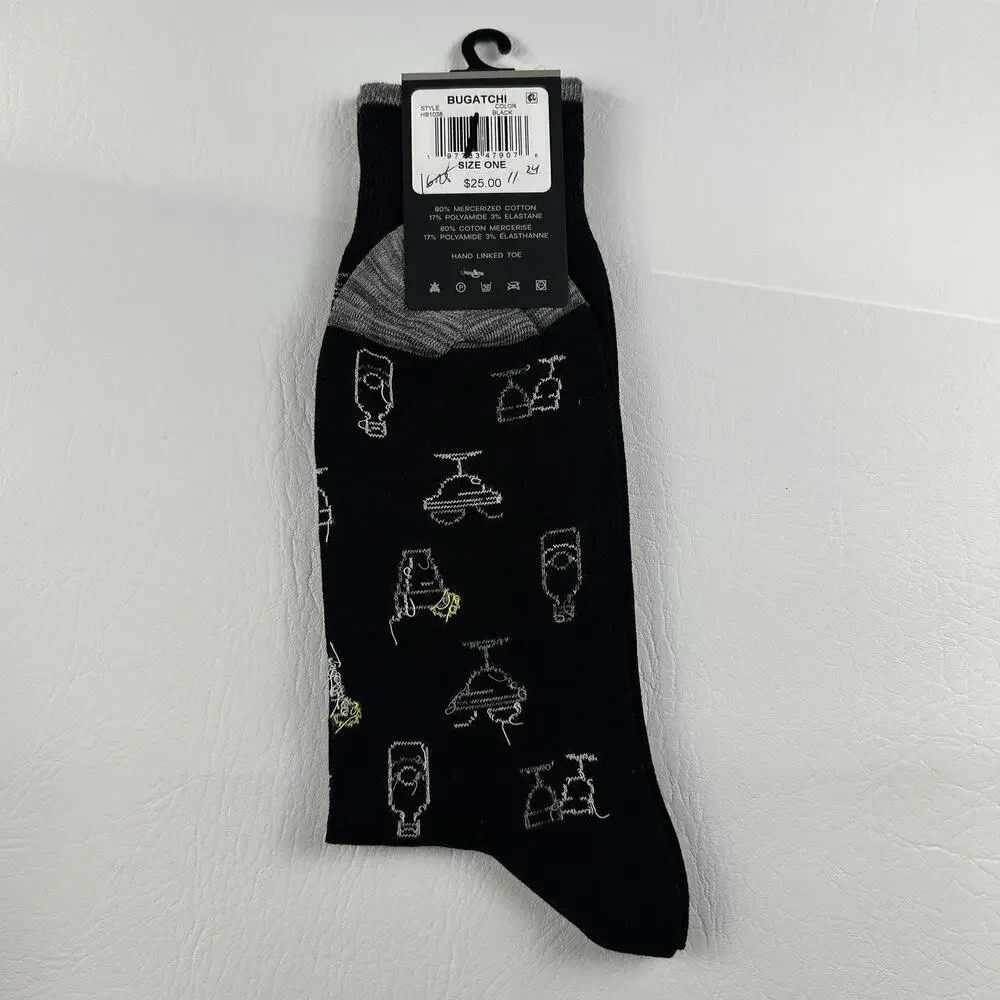 Bugatchi Mercerized Cotton Cocktail Crew Dress Socks Black One Size NWT Italy